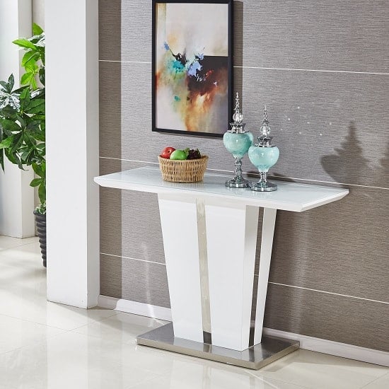 Photo of Memphis high gloss console table in white with glass top