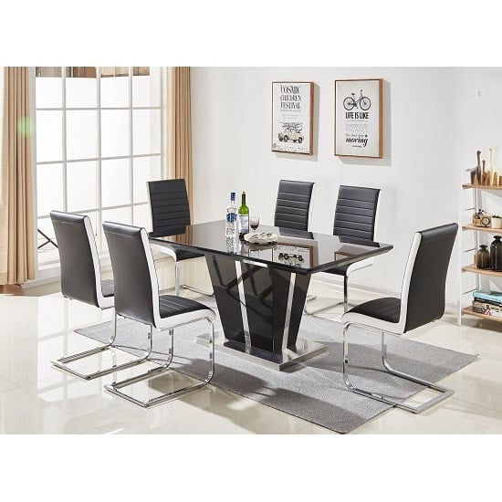 Photo of Memphis large black gloss dining table 6 symphony black chairs