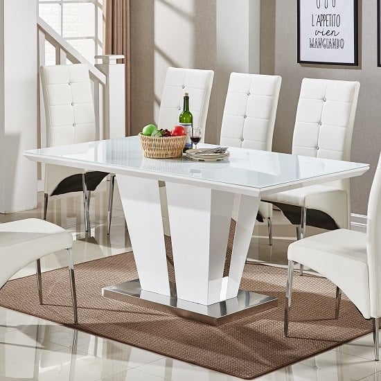 Photo of Memphis large high gloss dining table in white with glass top