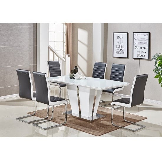 Read more about Memphis large white gloss dining table 6 symphony black chairs