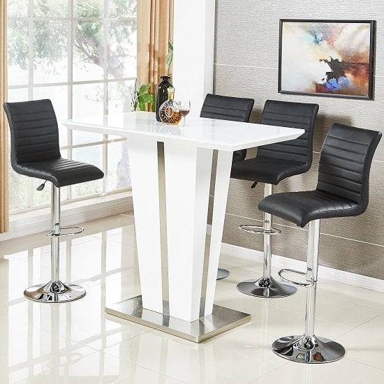 Memphis Glass White High Gloss Bar Table 4 Ripple Black Stools