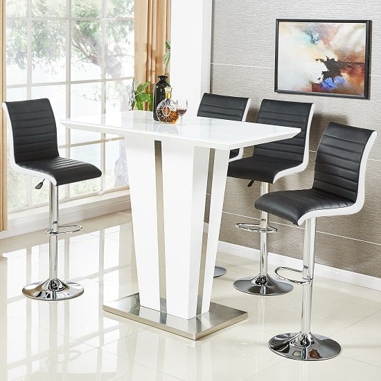 Product photograph of Memphis Glass White Gloss Bar Table 4 Ritz Black White Stools from Furniture in Fashion