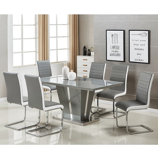 Read more about Memphis large grey gloss dining table 6 symphony grey chairs