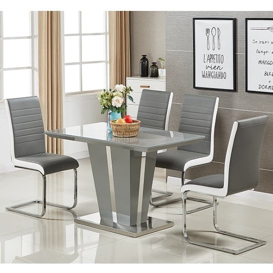 Read more about Memphis small grey gloss dining table 4 symphony grey chairs