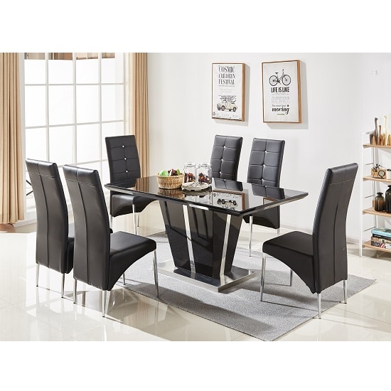 Read more about Memphis large black gloss dining table 6 vesta black chairs