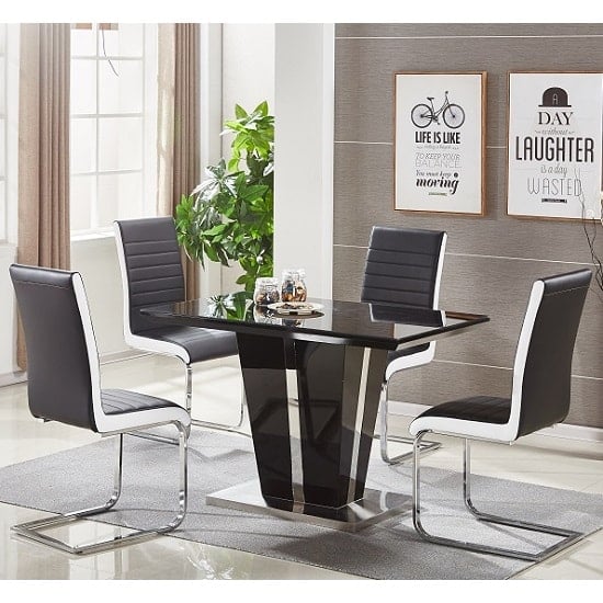 Read more about Memphis small black gloss dining table 4 symphony black chairs