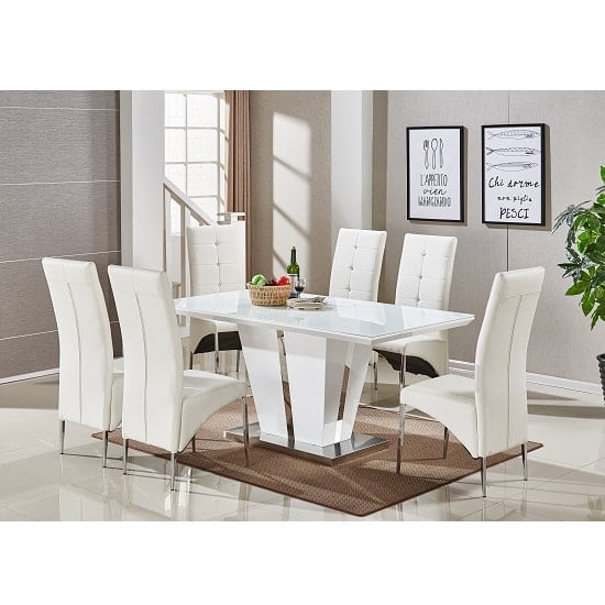 Photo of Memphis large white gloss dining table 6 vesta white chairs