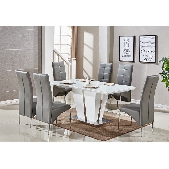 Product photograph of Memphis Large White Gloss Dining Table 6 Vesta Grey Chairs from Furniture in Fashion