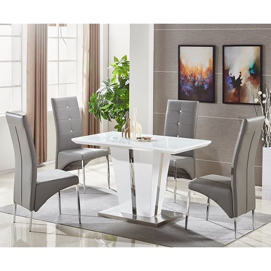 Photo of Memphis small white gloss dining table 4 vesta grey chairs