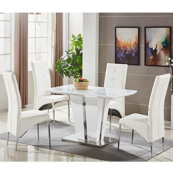 Photo of Memphis small white gloss dining table 4 vesta white chairs