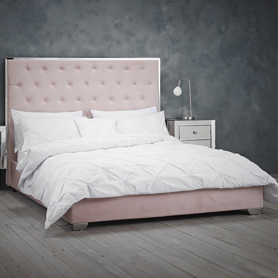 Menai Velvet Upholstered King Size Bed In Pink