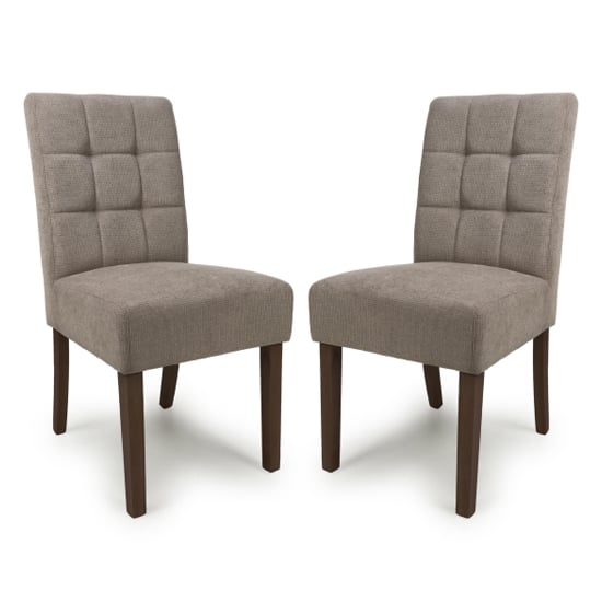 Read more about Mendoza light brown fabric dining chairs with walnut legs in pair