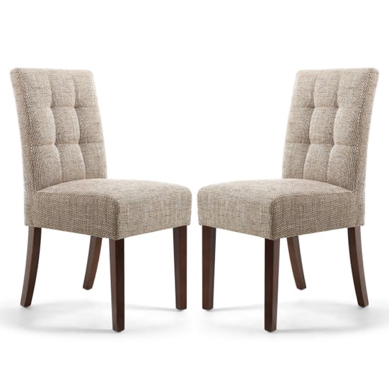 Read more about Mendoza oatmeal fabric dining chairs with walnut legs in pair