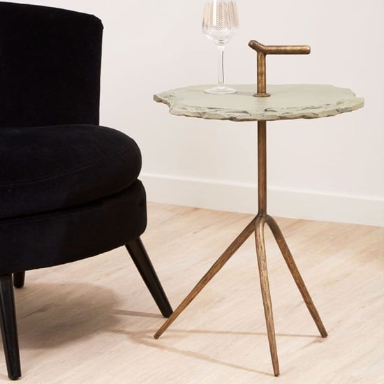 Menkent Grey Stone Top Side Table With Antique Brass Legs