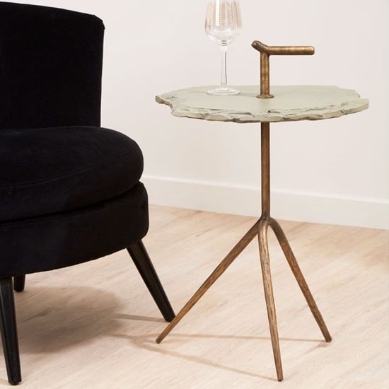 Read more about Menkent grey stone top side table with antique brass legs