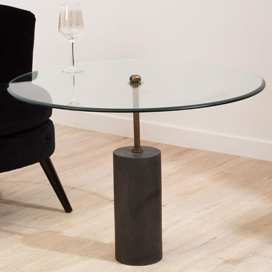 Photo of Menkent round clear glass side table with black marble base