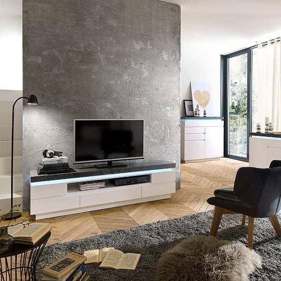 Mentis TV Stand In Matt White Concrete With 5 Drawers And LED_10