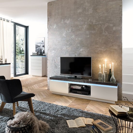 Product photograph of Mentis Tv Stand With Led In Matt White And Concrete from Furniture in Fashion