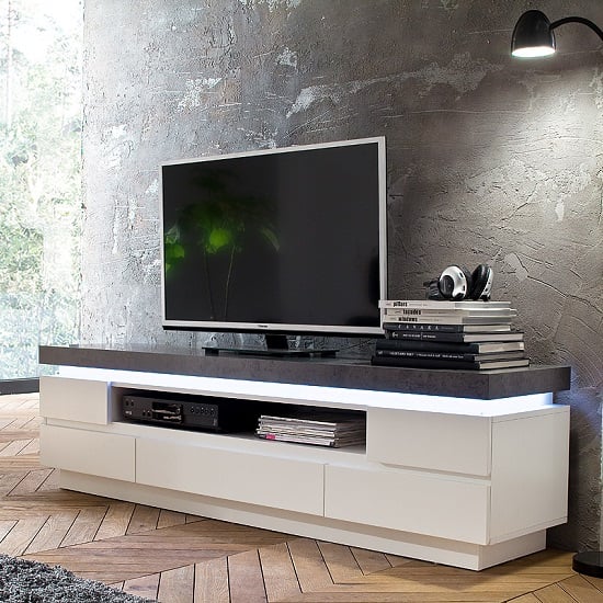 Mentis TV Stand In Matt White Concrete With 5 Drawers And LED