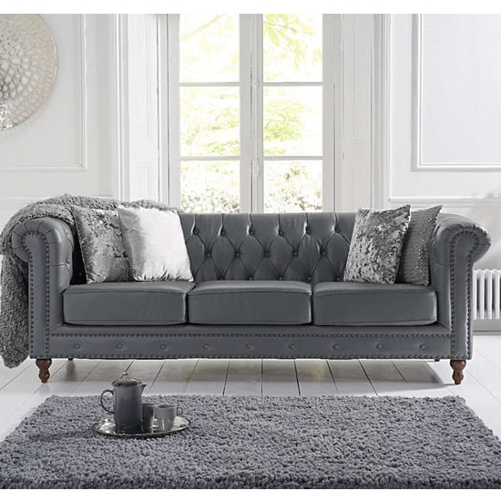 Mentor Chesterfield Leather 3 Seater Sofa In Grey