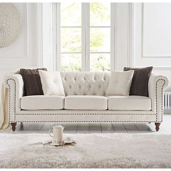 Mentor Chesterfield Linen Fabric 3 Seater Sofa In Ivory