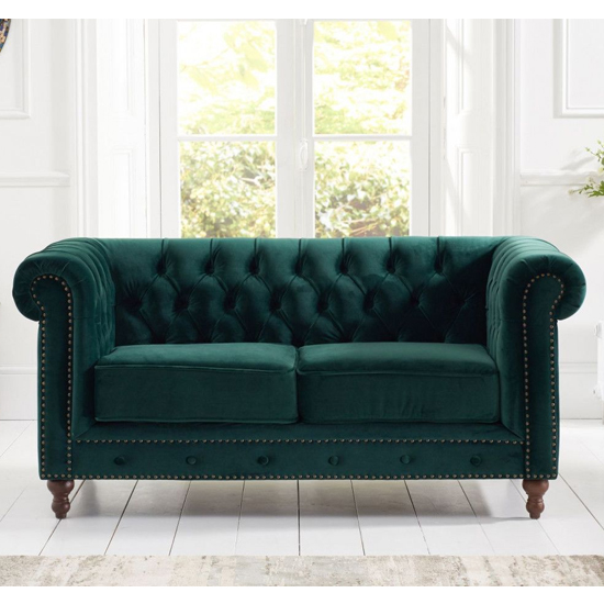Mentor Chesterfield Plush Fabric 2 Seater Sofa In Green_2