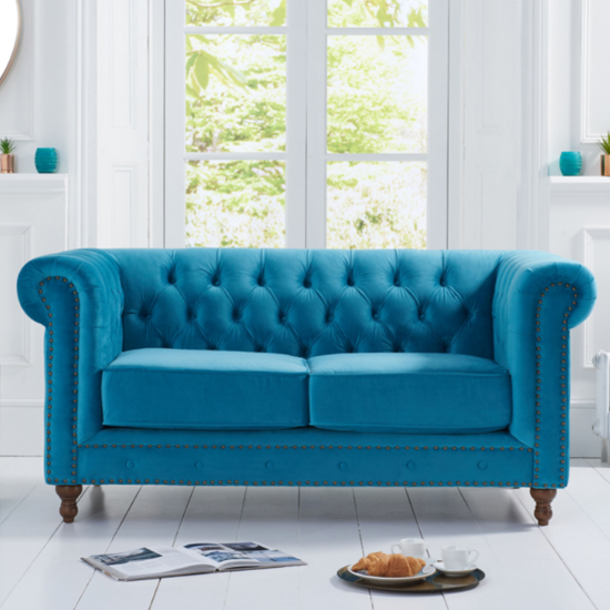 Mentor Chesterfield Plush Fabric 2 Seater Sofa In Teal_2