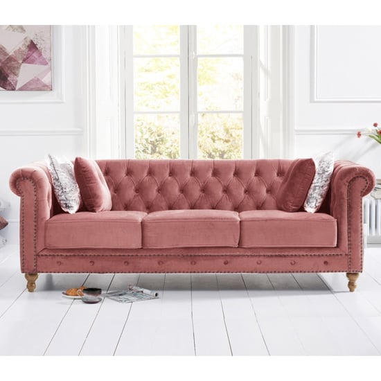 Mentor Chesterfield Plush Fabric 3 Seater Sofa In Blush Pink