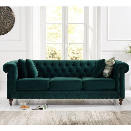 Mentor Chesterfield Plush Fabric 3 Seater Sofa In Green