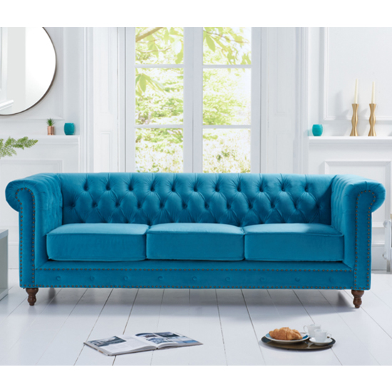 Mentor Chesterfield Plush Fabric 3 Seater Sofa In Teal_2