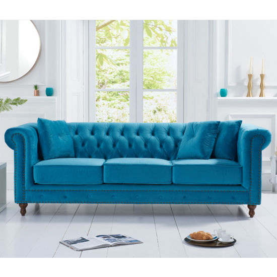 Mentor Chesterfield Plush Fabric 3 Seater Sofa In Teal