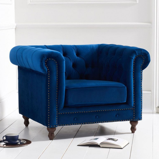 Mentor Chesterfield Plush Fabric Armchair In Blue_2