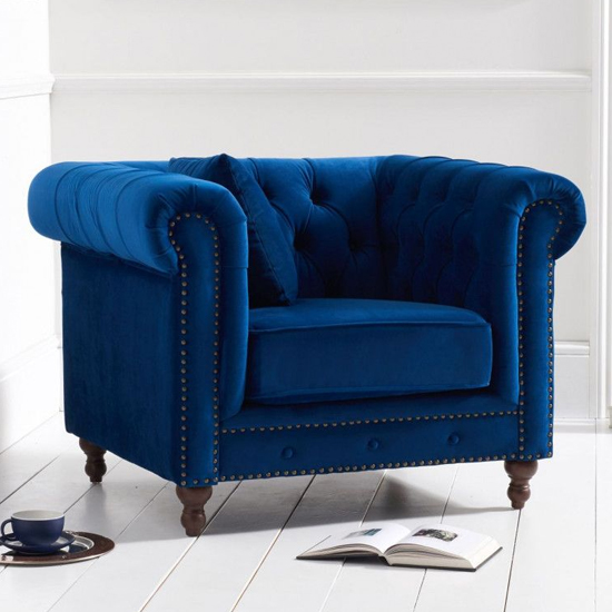 Mentor Chesterfield Plush Fabric Armchair In Blue