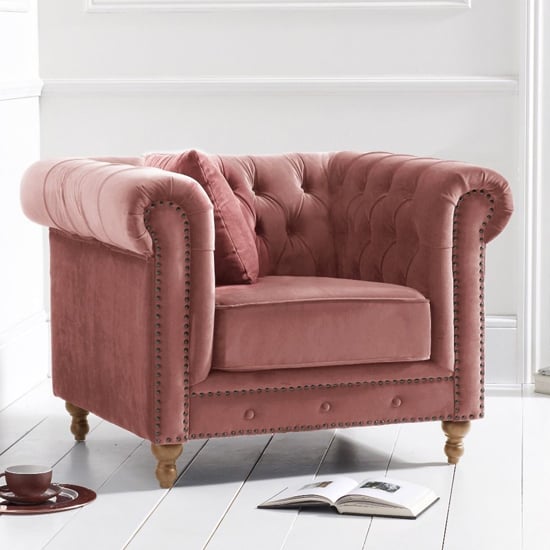 Mentor Chesterfield Plush Fabric Armchair In Blush Pink