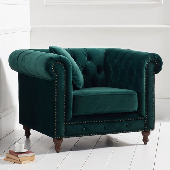 Mentor Chesterfield Plush Fabric Armchair In Green