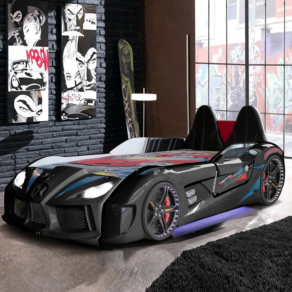 Menve Black Children Car Bed with Leather Seat and LED