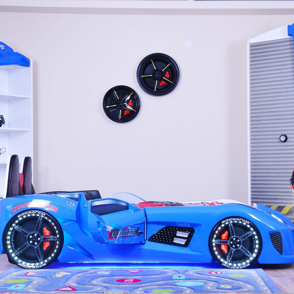 Menve Blue Children Car Bed with Black Leather Seat and LED