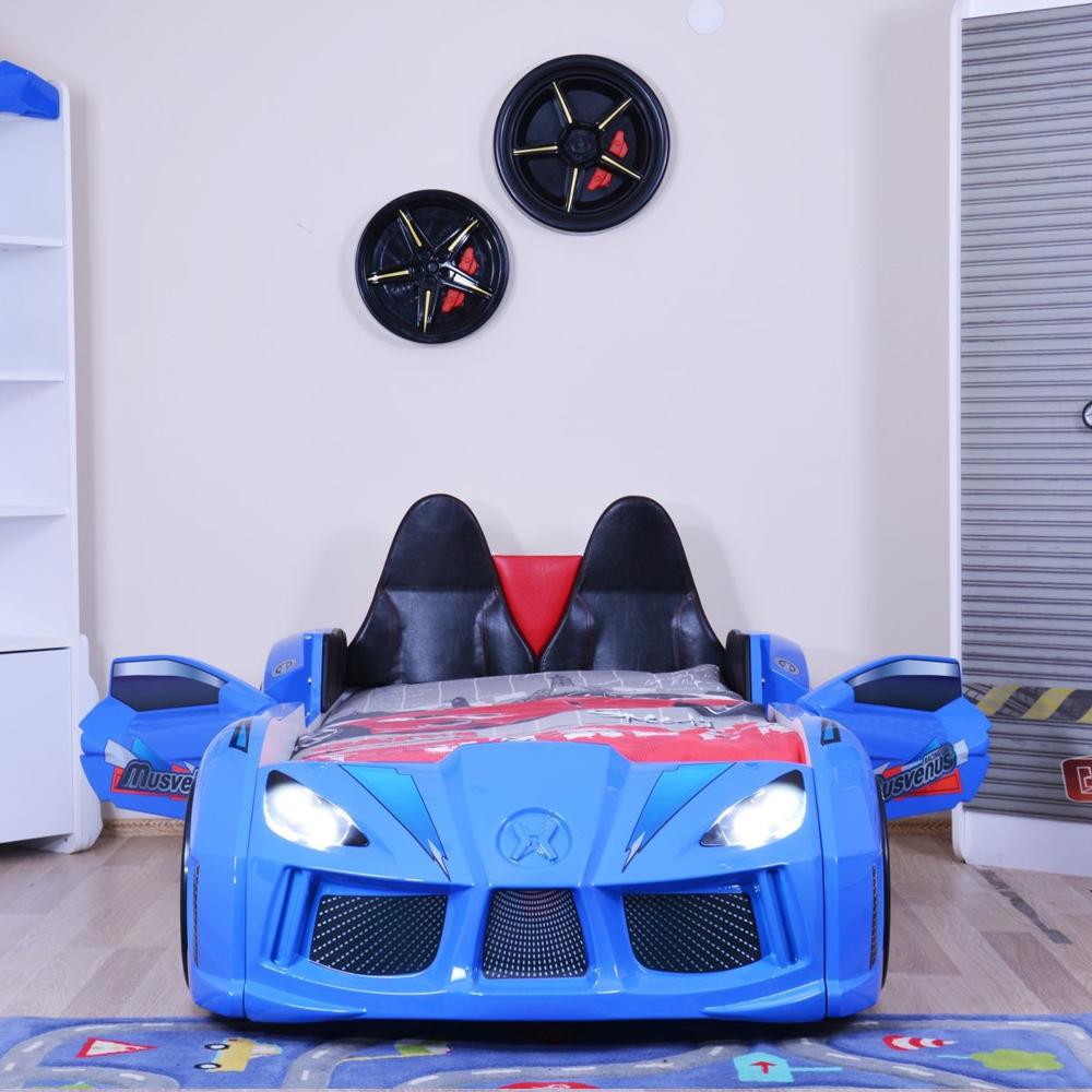 Menve Blue Children Car Bed with Black Leather Seat and LED
