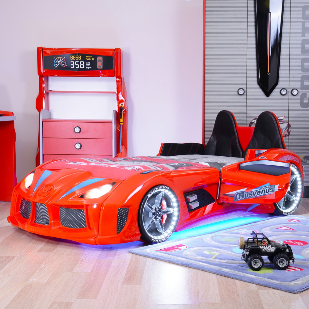 Menve Red Children Car Bed with Black Leather Seat and LED