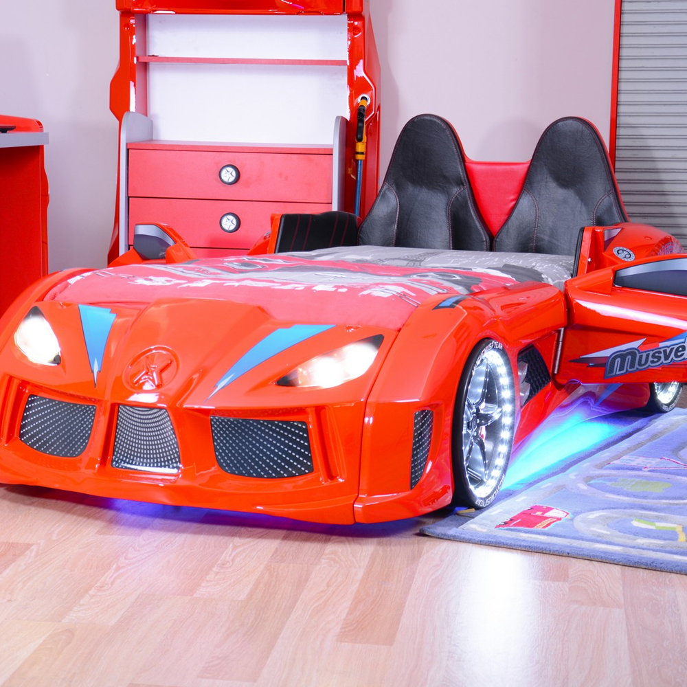 Menve Red Children Car Bed with Black Leather Seat and LED