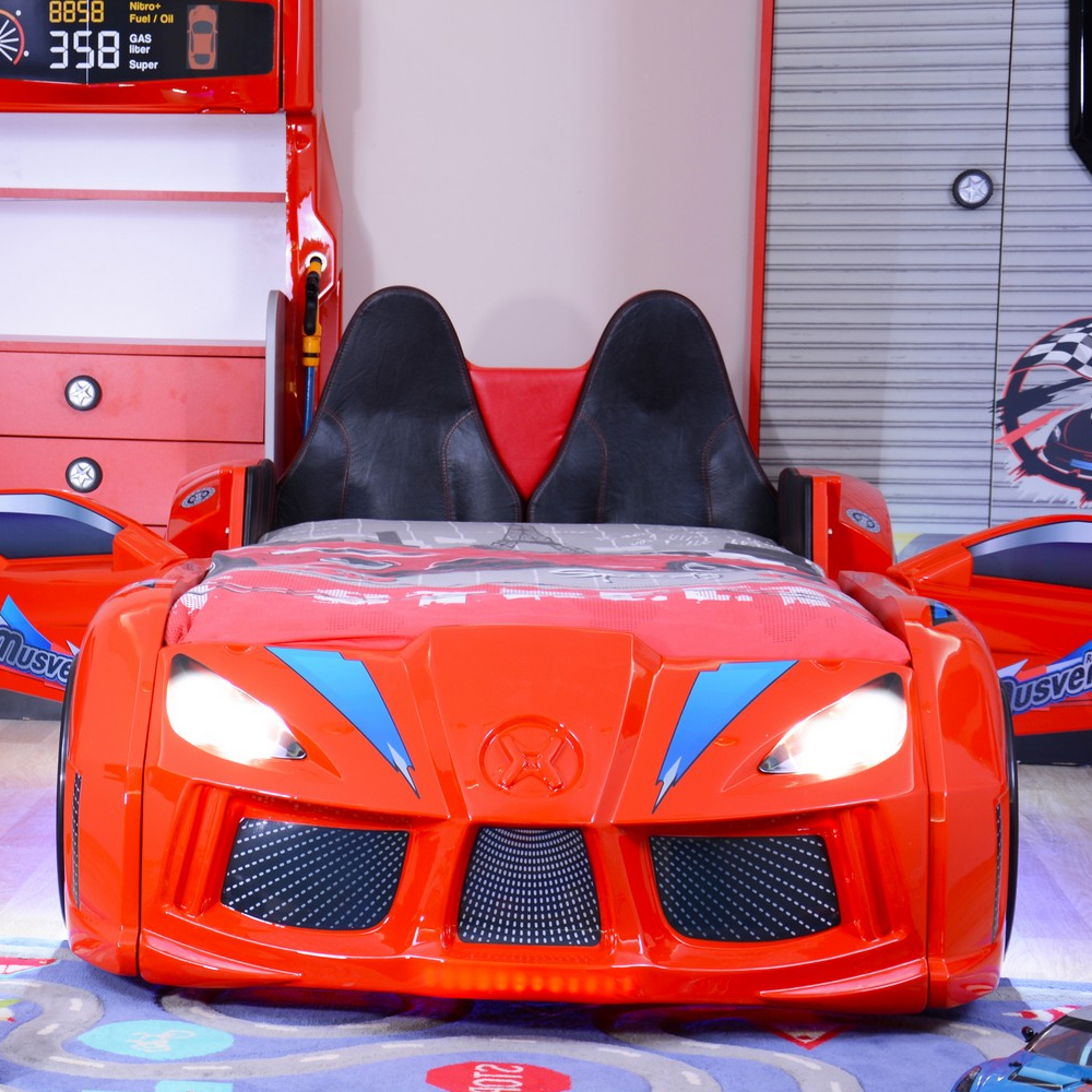 Menve Red Children Car Bed with Black Leather Seat and LED