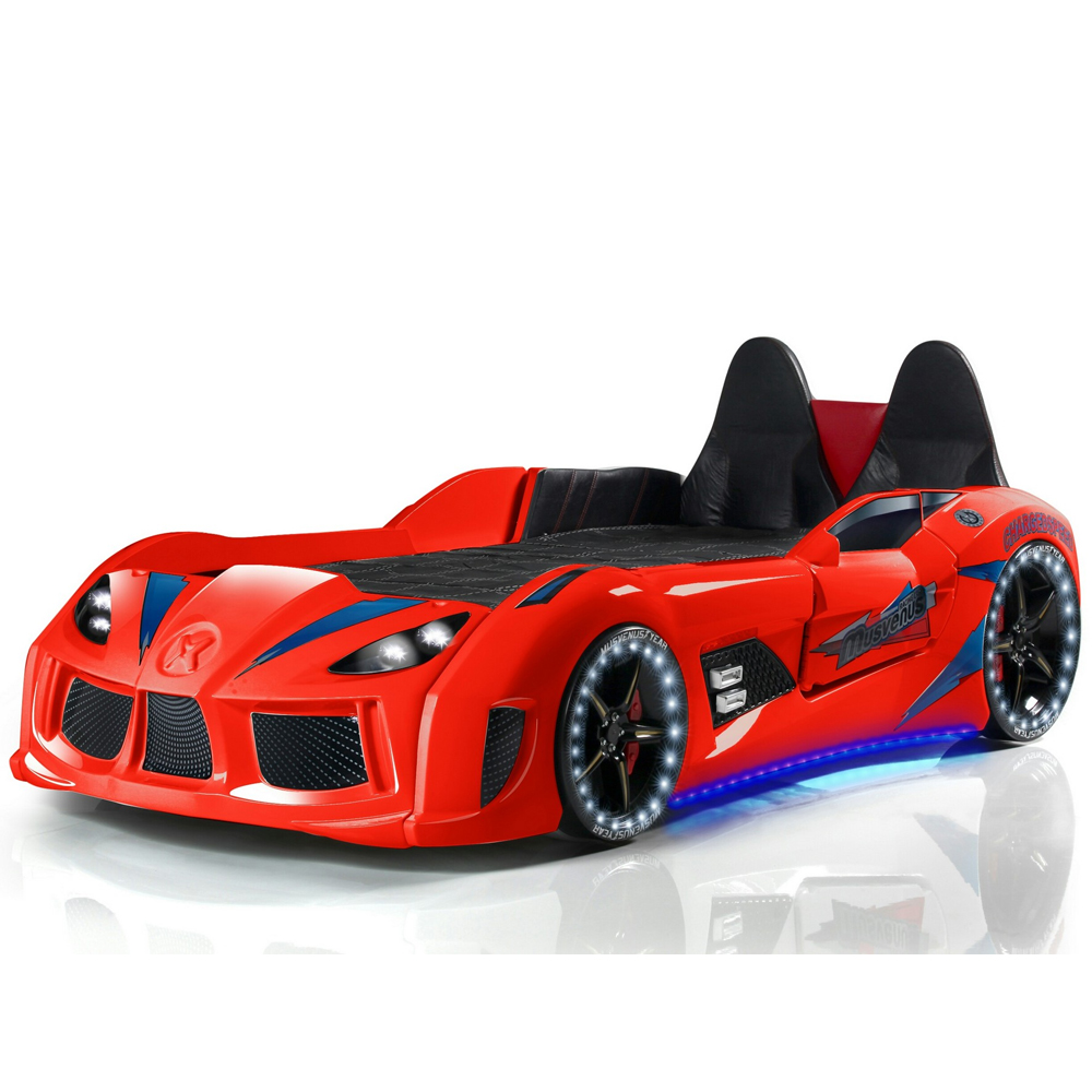 Menve Red Children Car Bed with Black Leather Seat and LED