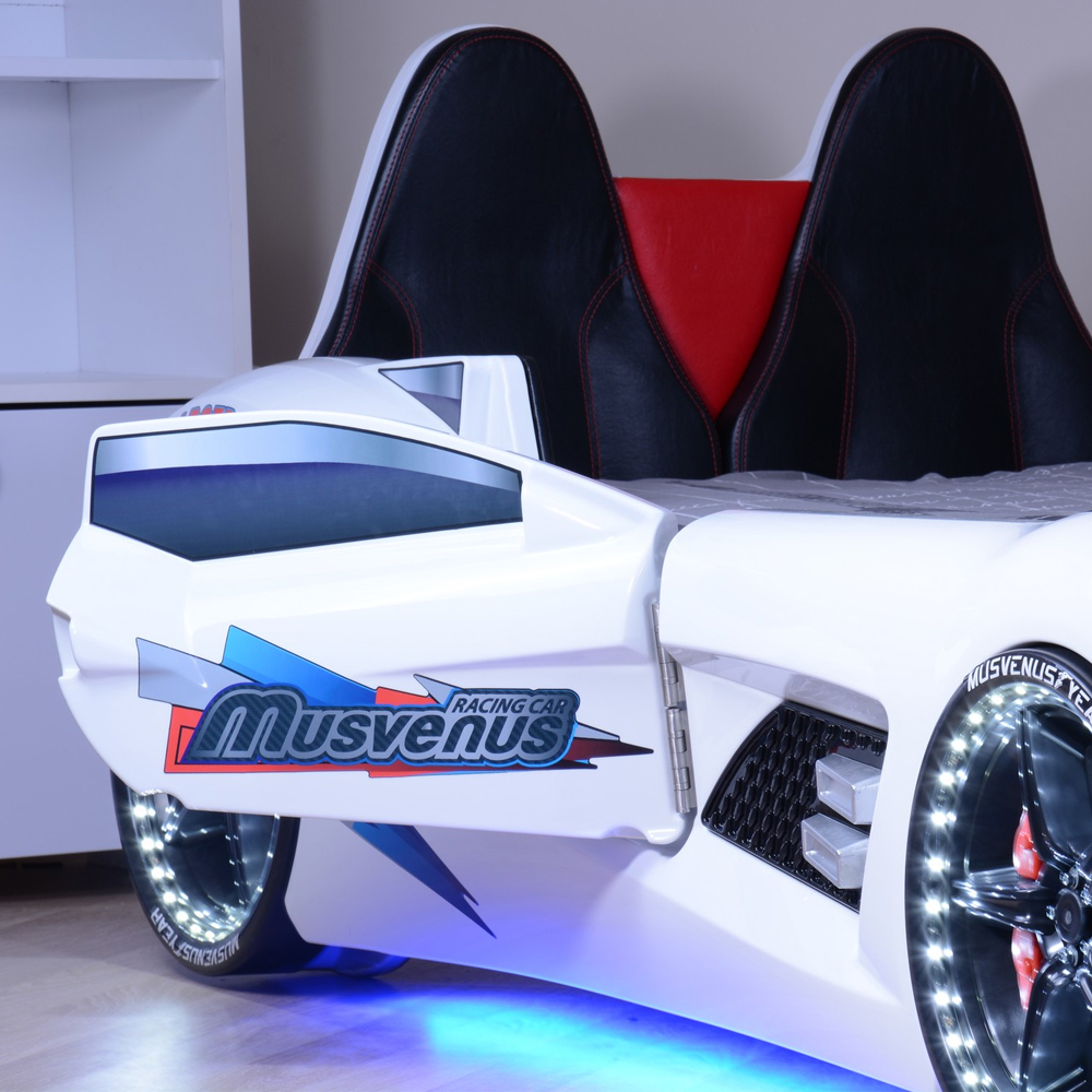 Menve White Children Car Bed with Black Leather Seat and LED