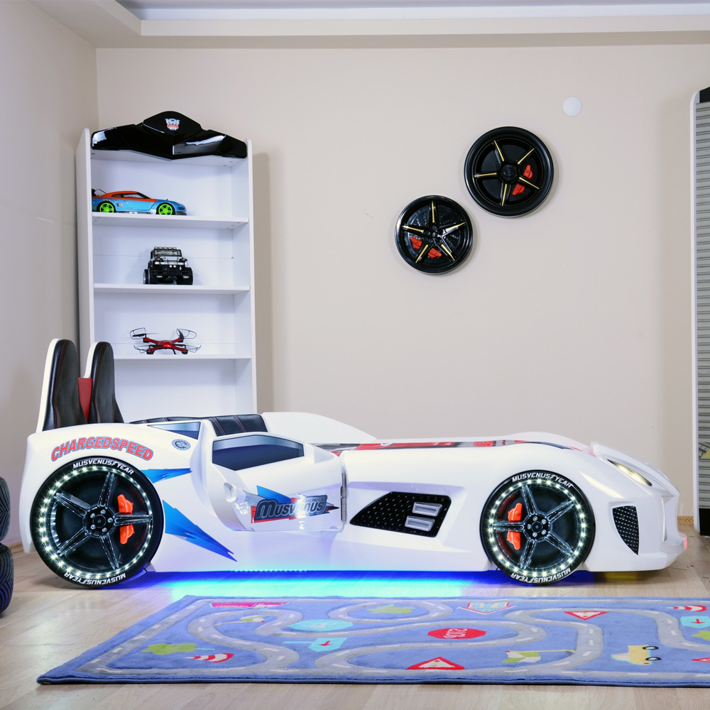 Menve White Children Car Bed with Black Leather Seat and LED