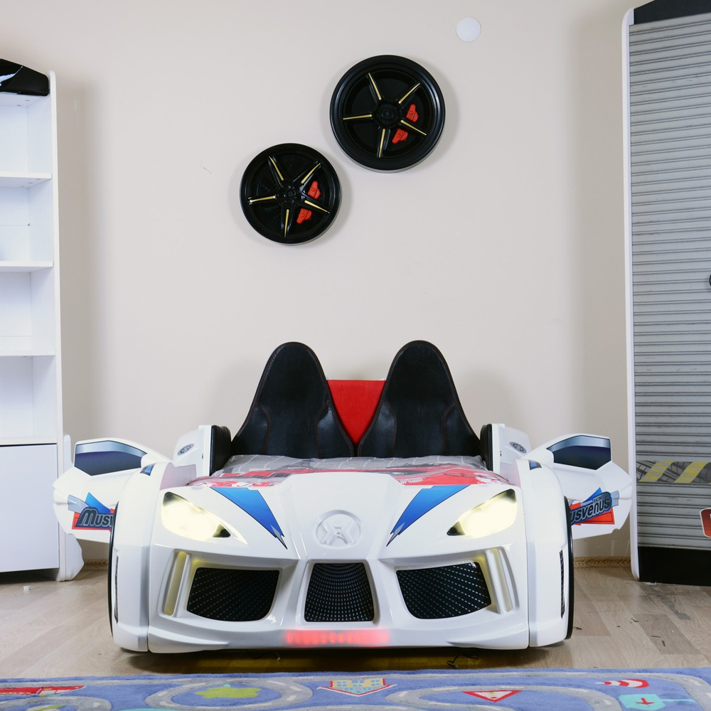 Menve White Children Car Bed with Black Leather Seat and LED