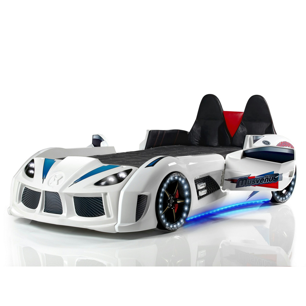 Menve White Children Car Bed with Black Leather Seat and LED