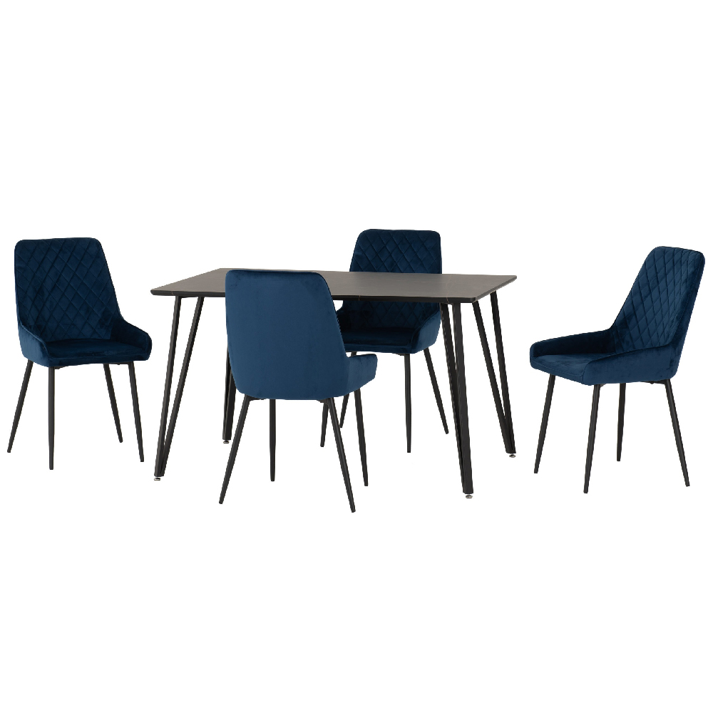 Mequon Black Marble Effect Dining Table With 4 Avah Blue Chairs