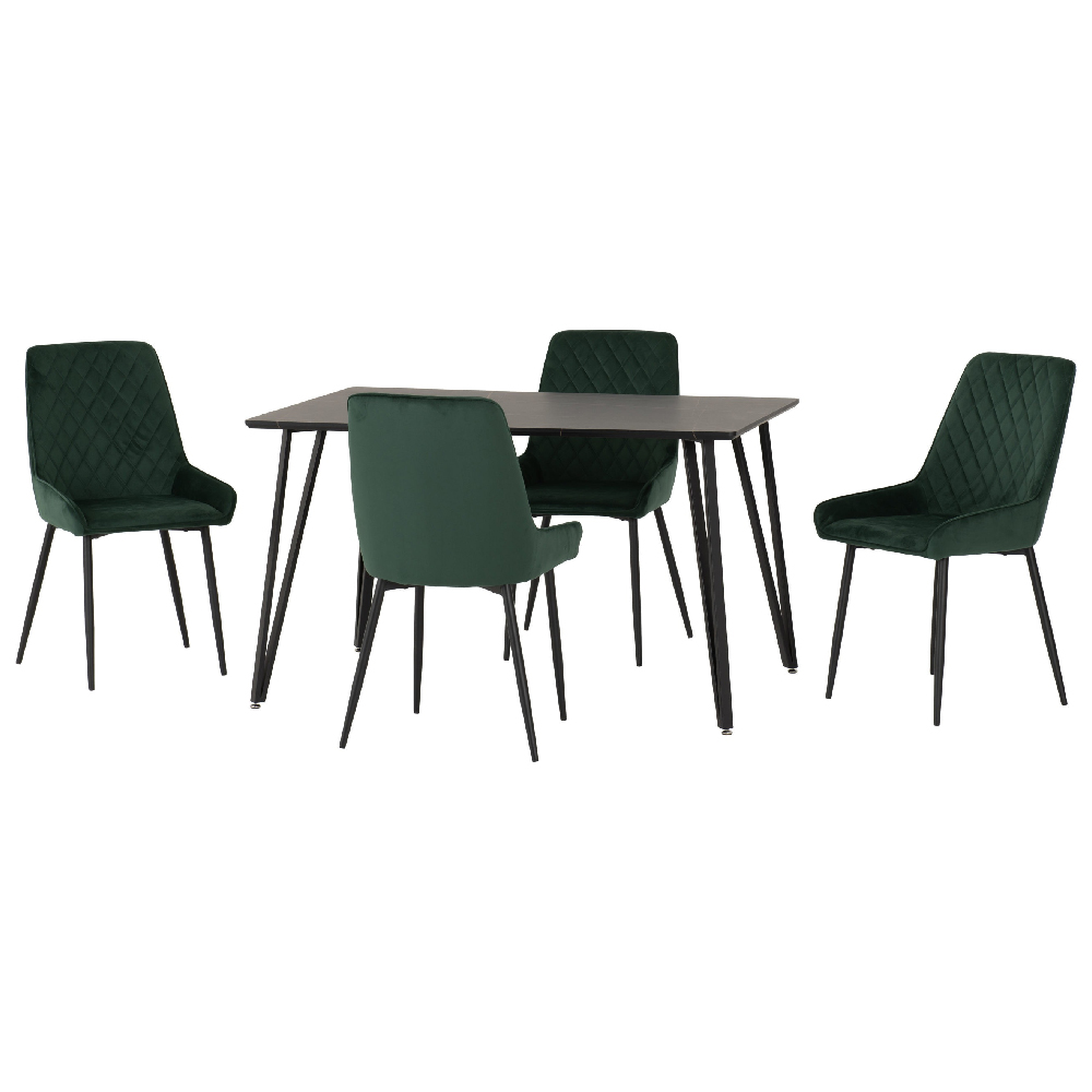 Mequon Black Marble Effect Dining Table With 4 Avah Green Chairs