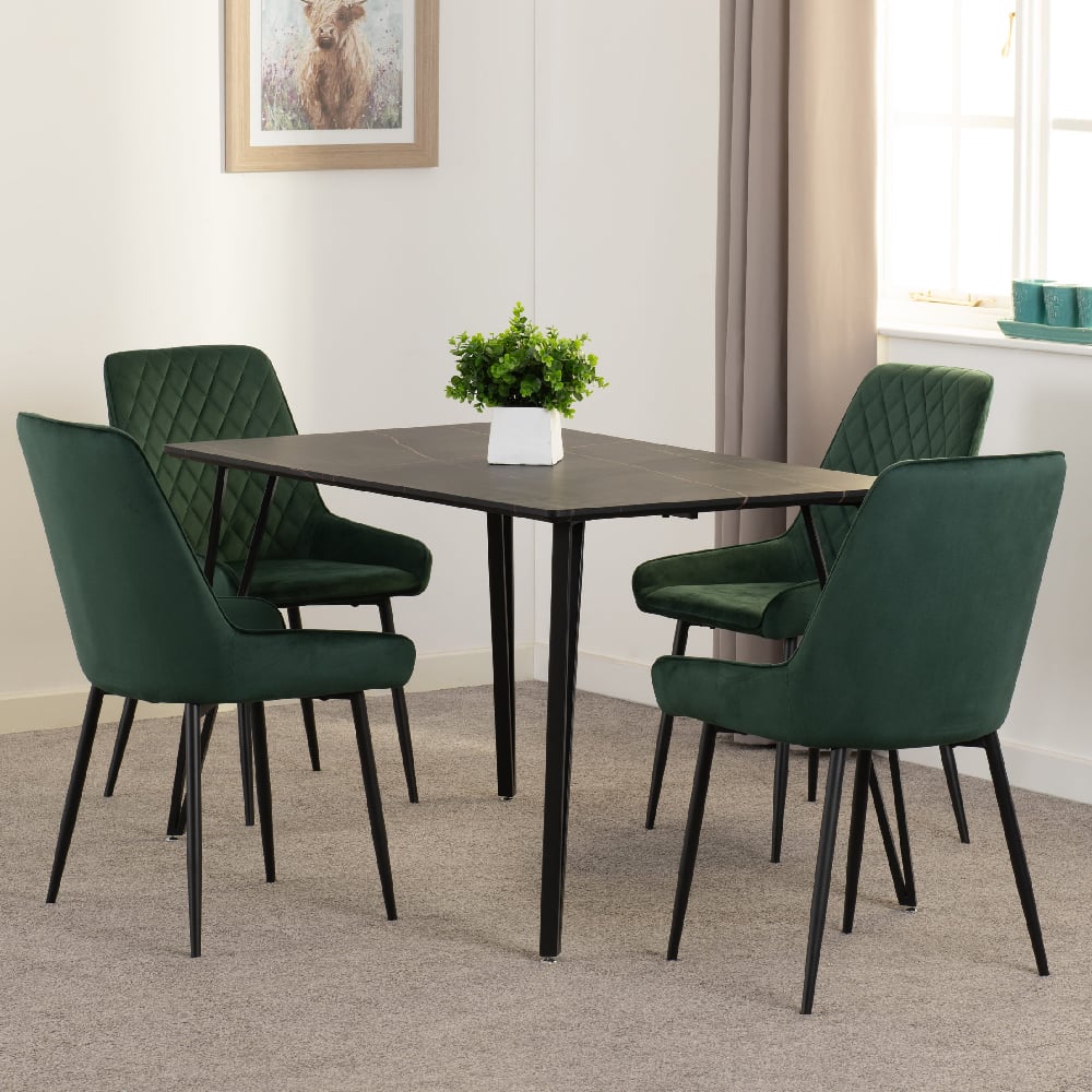 Read more about Mequon black marble effect dining table with 4 avah green chairs