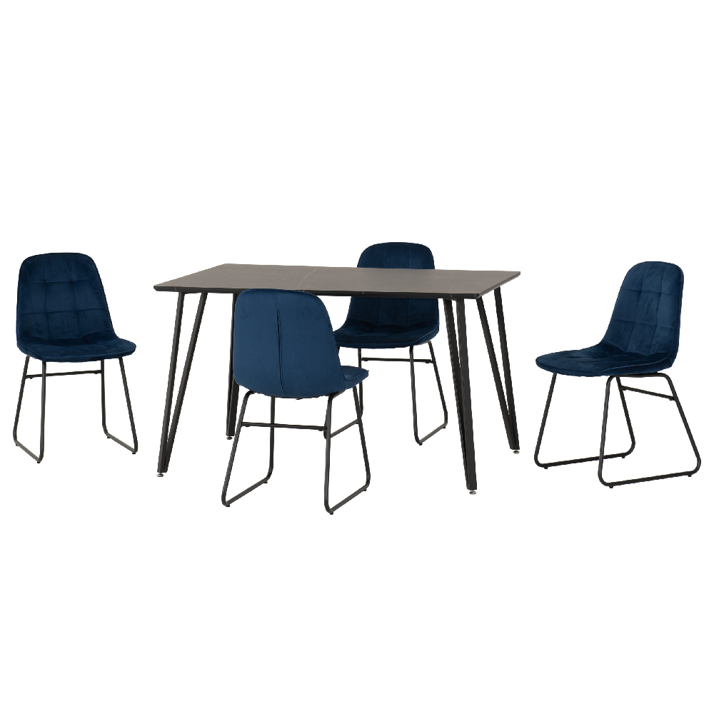 Mequon Black Marble Effect Dining Table With 4 Lyster Blue Chairs